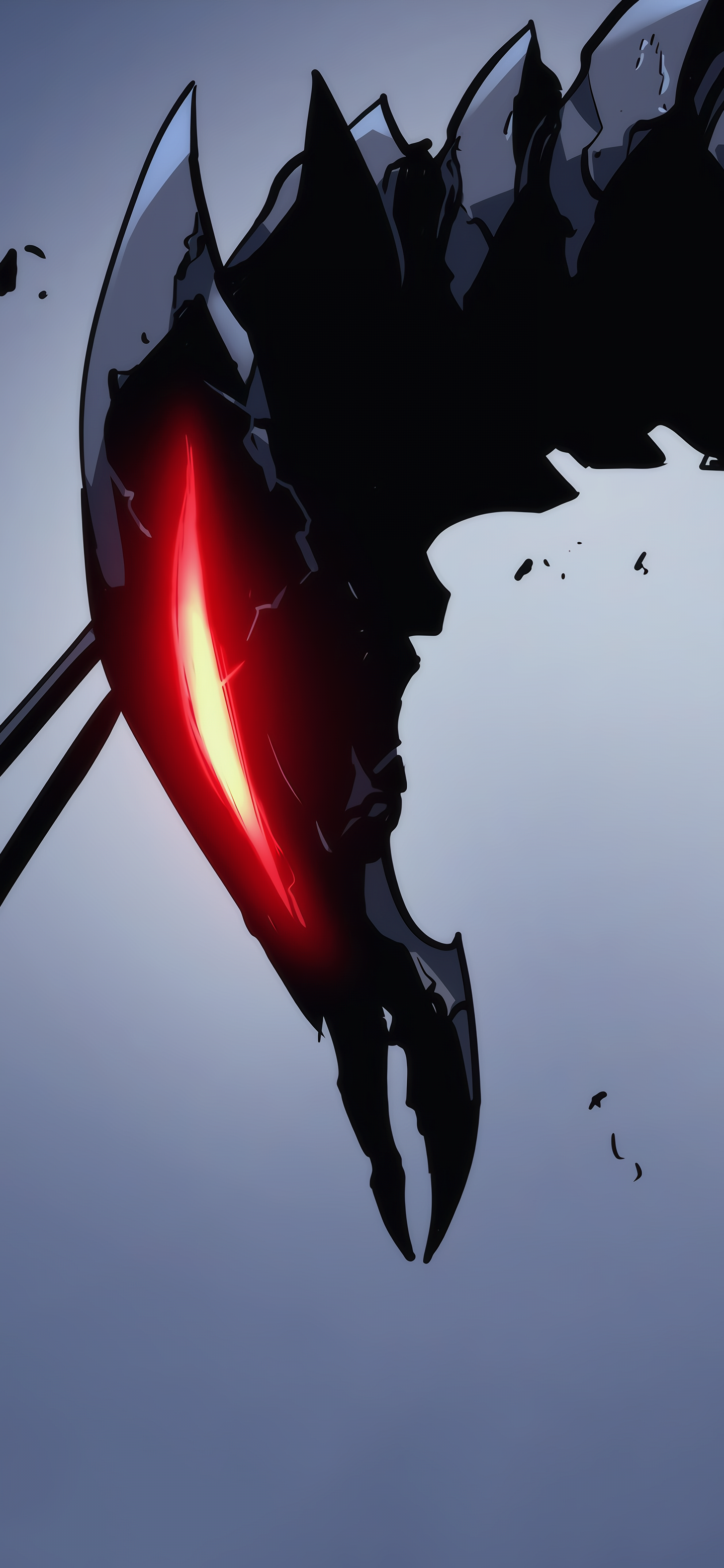 Phone wallpaper featuring dark, menacing anime creature with glowing red eye from Solo Leveling, designed to fit iPhone and Android screens.