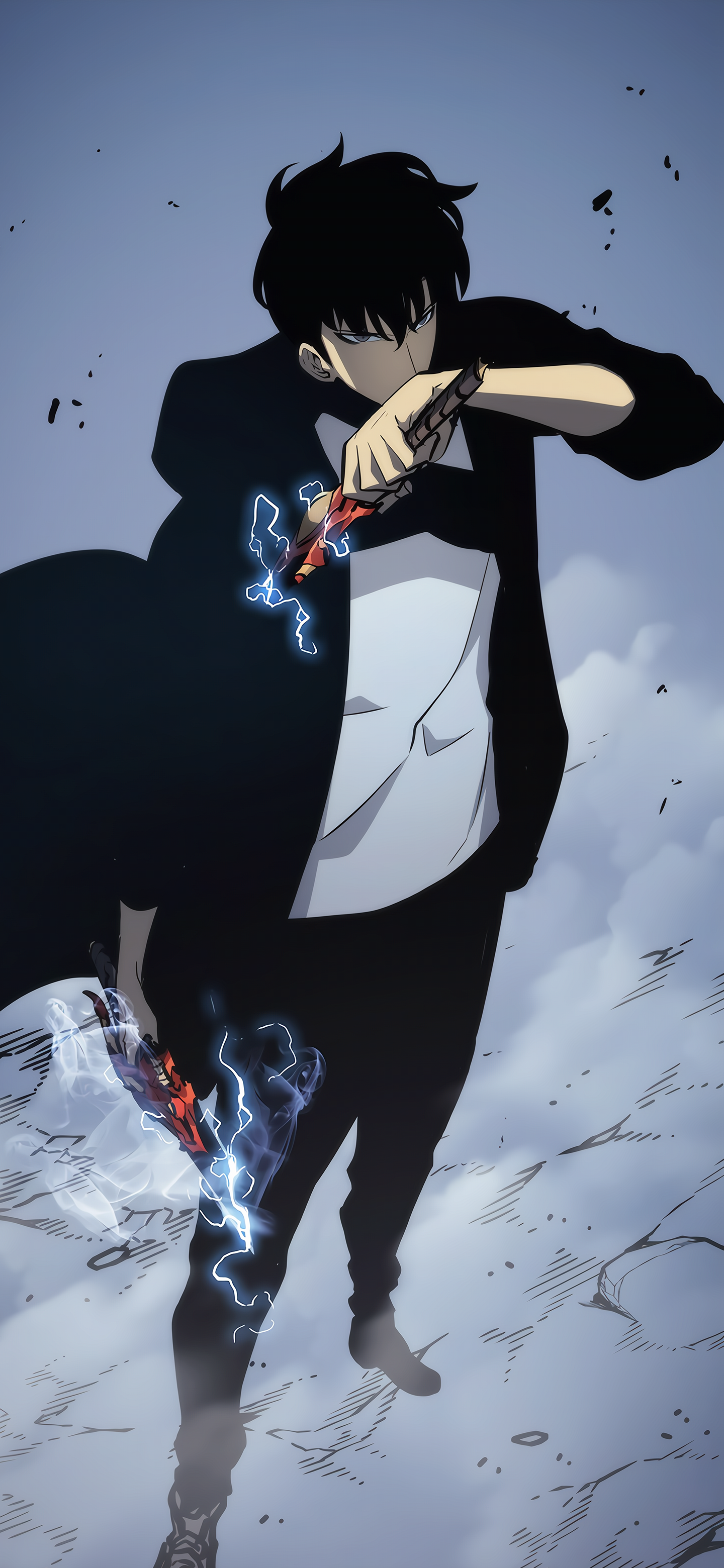 Phone wallpaper of Sung Jin-Woo (Solo Leveling): dark-haired anime protagonist in a black coat wielding crackling blue daggers, standing above shattered, windblown ground.