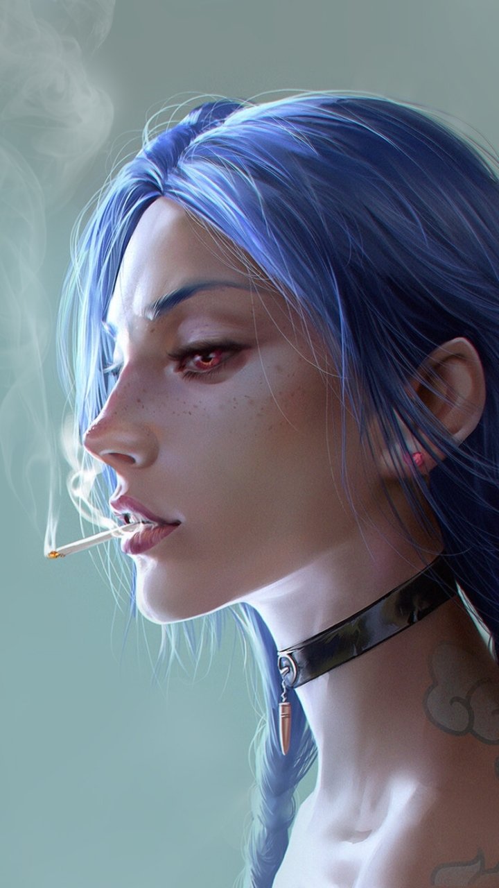 Download Blue Hair Smoking Jinx (League Of Legends) Video Game League Of Legends Phone Wallpaper
