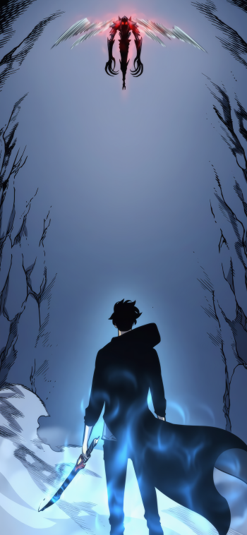 Phone wallpaper featuring Sung Jin-Woo from Solo Leveling in a glowing blue silhouette facing a red-winged enemy, designed for both iPhone and Android screens.