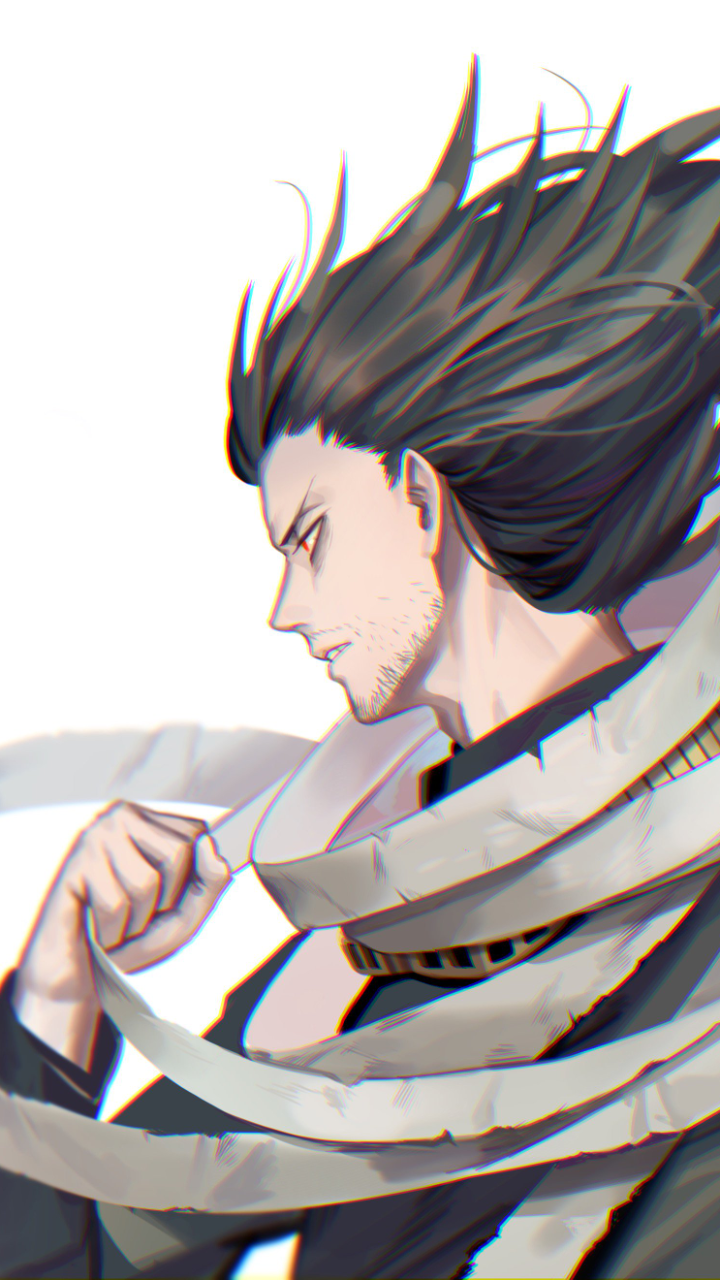 Phone wallpaper of Shota Aizawa (Anime, My Hero Academia): side profile with wind-swept hair, stubble, and his capture scarf wrapping around him against a pale background.