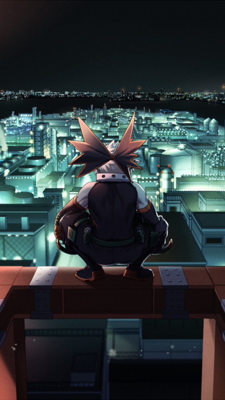 Anime phone wallpaper of Katsuki Bakugou from My Hero Academia crouched on a rooftop, back to viewer, overlooking a glowing night cityscape.