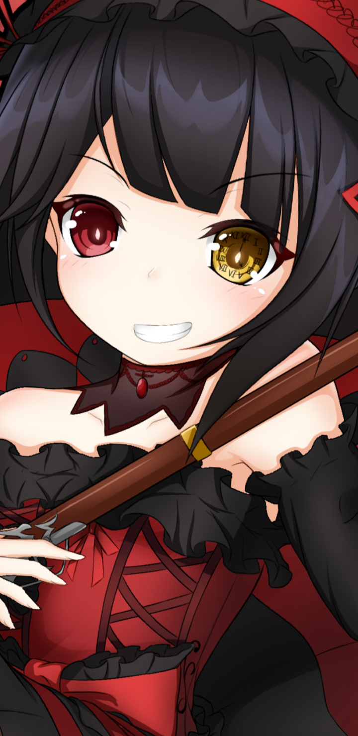 Phone wallpaper of Kurumi Tokisaki (anime, Date A Live): close-up portrait with heterochromatic eyes, black-and-red gothic frilled dress, smiling and holding a staff.