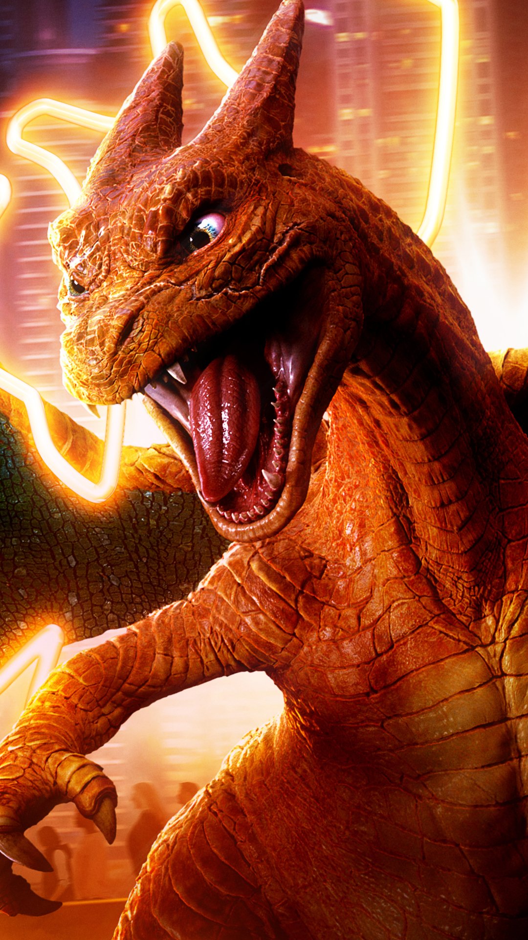 Phone wallpaper featuring Charizard from the Pokémon Detective Pikachu movie, with vibrant orange hues and dynamic lighting for iPhone and Android screens.