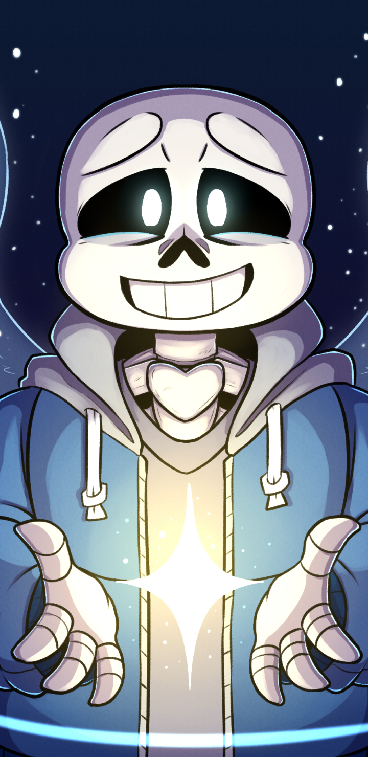 Phone wallpaper of Sans (Undertale) from the video game Undertale, smiling in a blue hoodie and holding a glowing heart-shaped light between his open hands against a starry backdrop.