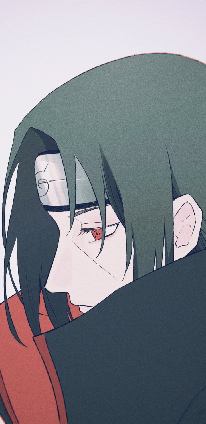 Phone wallpaper featuring Itachi Uchiha from Naruto anime, showcasing his profile with his Sharingan eye and headband, designed for both iPhones and Android devices.