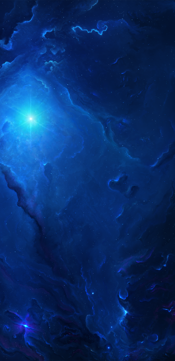 Vertical phone wallpaper of a glowing blue star and sci‑fi nebula, swirling cosmic gas across the deep blue cosmos.