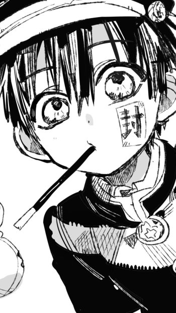 Black-and-white phone wallpaper of Hanako-kun from the anime Toilet-bound Hanako-kun — close-up portrait with a seal on his cheek, straw in his mouth, wearing his hat and uniform.