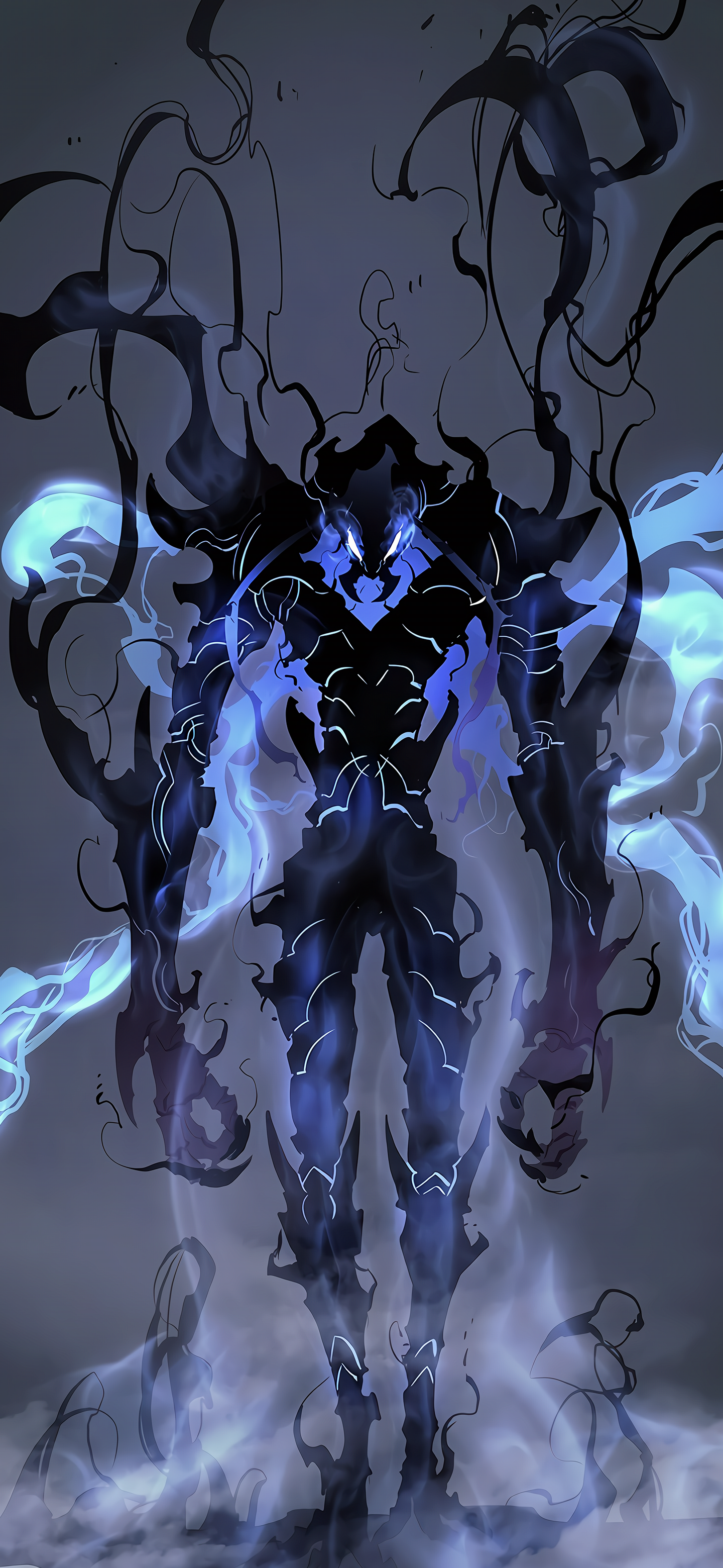 Phone wallpaper featuring Beru from Solo Leveling anime, with dark, shadowy energy and blue flames creating a dynamic, intense design for iPhone and Android screens.