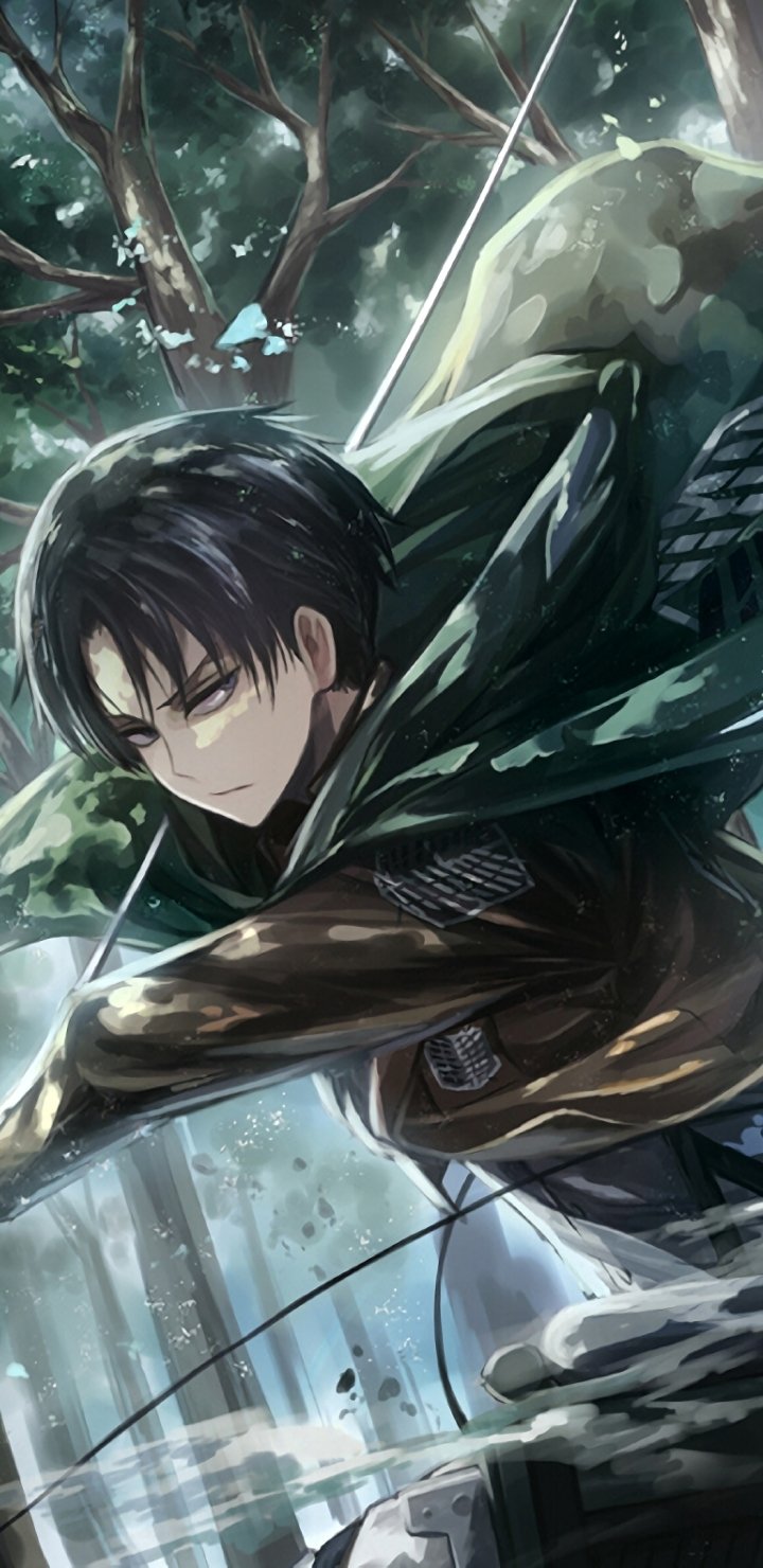 Anime-style phone wallpaper featuring Levi Ackerman from Attack on Titan in dynamic action pose, designed for both iPhone and Android screens.