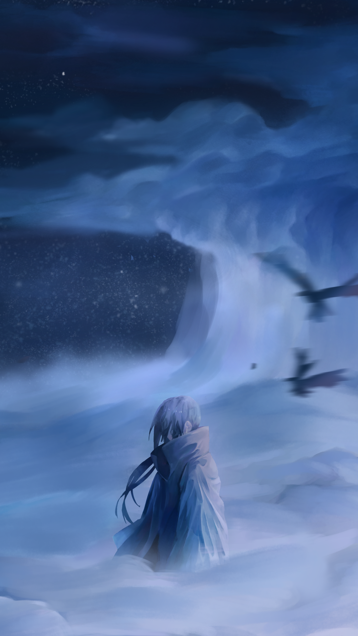 Itachi Uchiha in a cloak, standing amid moonlit clouds with drifting crows under a starry night — anime Naruto phone wallpaper in soft blue tones.
