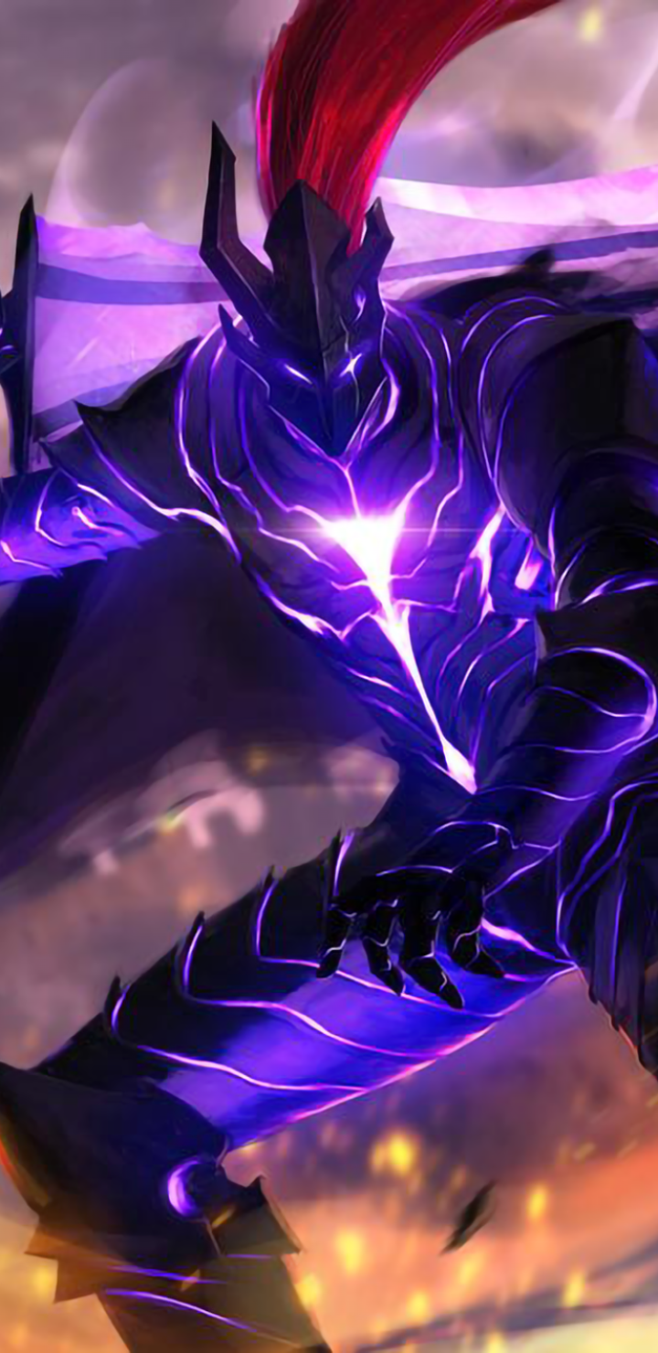 Anime-style Solo Leveling character in dark armor with glowing purple accents and red plume, designed as a dynamic phone wallpaper for iPhones and Android devices.