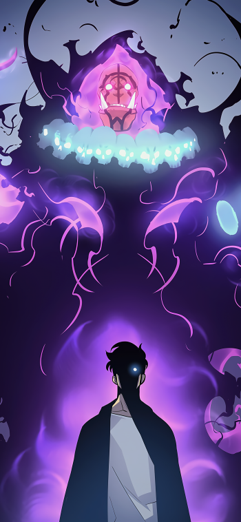 Phone wallpaper of Sung Jin-Woo from Solo Leveling: shadowed silhouette with one glowing eye facing a towering purple Tusk apparition amid swirling anime dark energy.