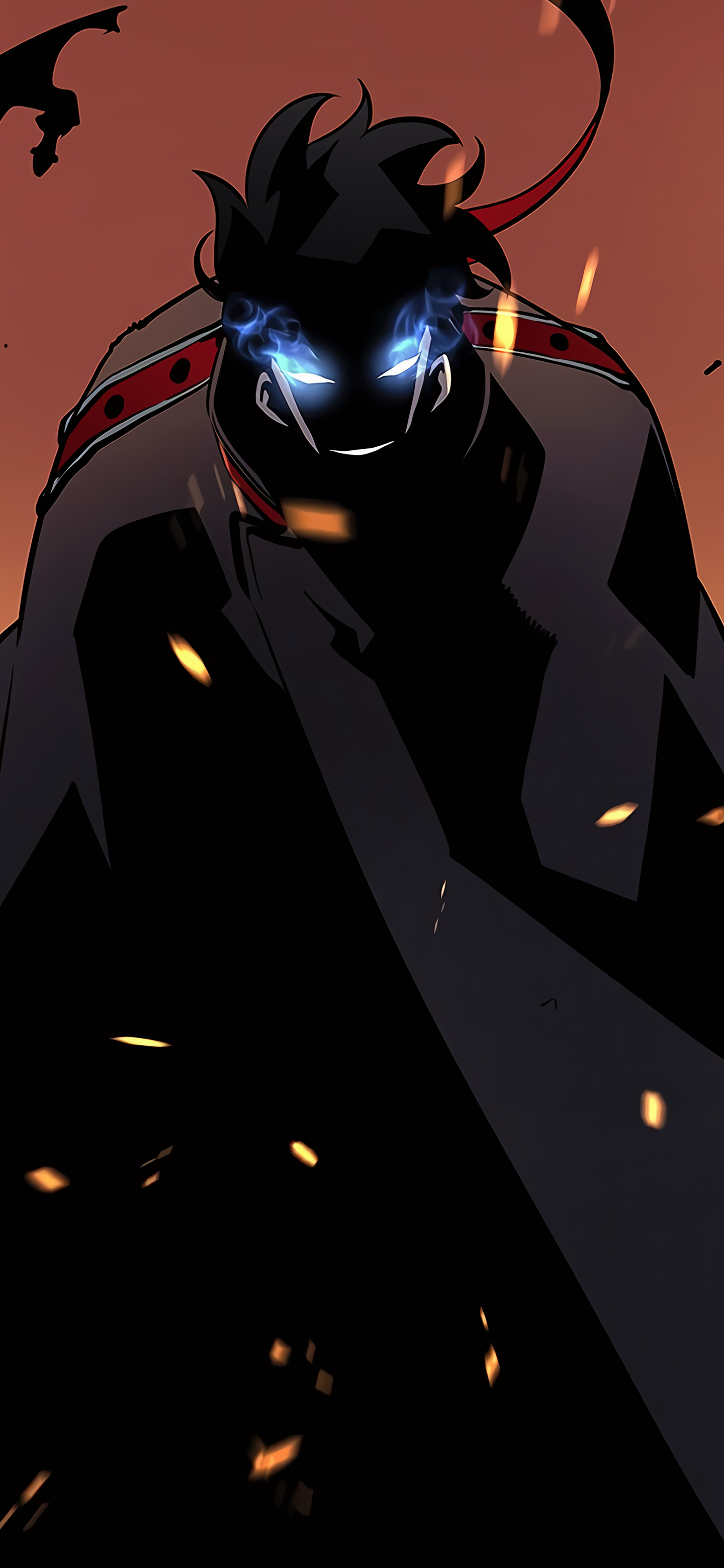 Phone wallpaper featuring Sung Jin-Woo from Solo Leveling with glowing blue eyes and fiery embers, designed for both iPhone and Android displays.