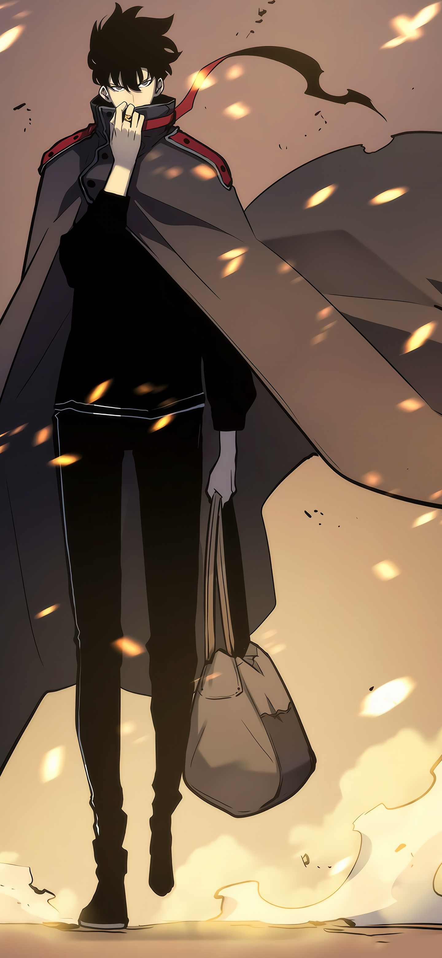 Phone wallpaper featuring Sung Jin-Woo from Solo Leveling in dynamic anime style, with a flowing cape and glowing embers against a warm background, compatible with iPhones and Androids.