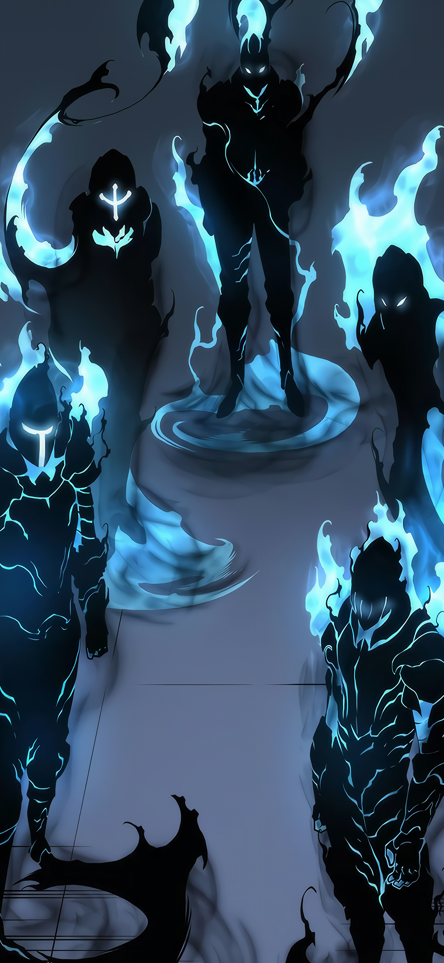 Phone wallpaper featuring Anime-style Shadow Infantry from Solo Leveling, with glowing blue flames and dark silhouettes, designed for both iPhones and Android devices.