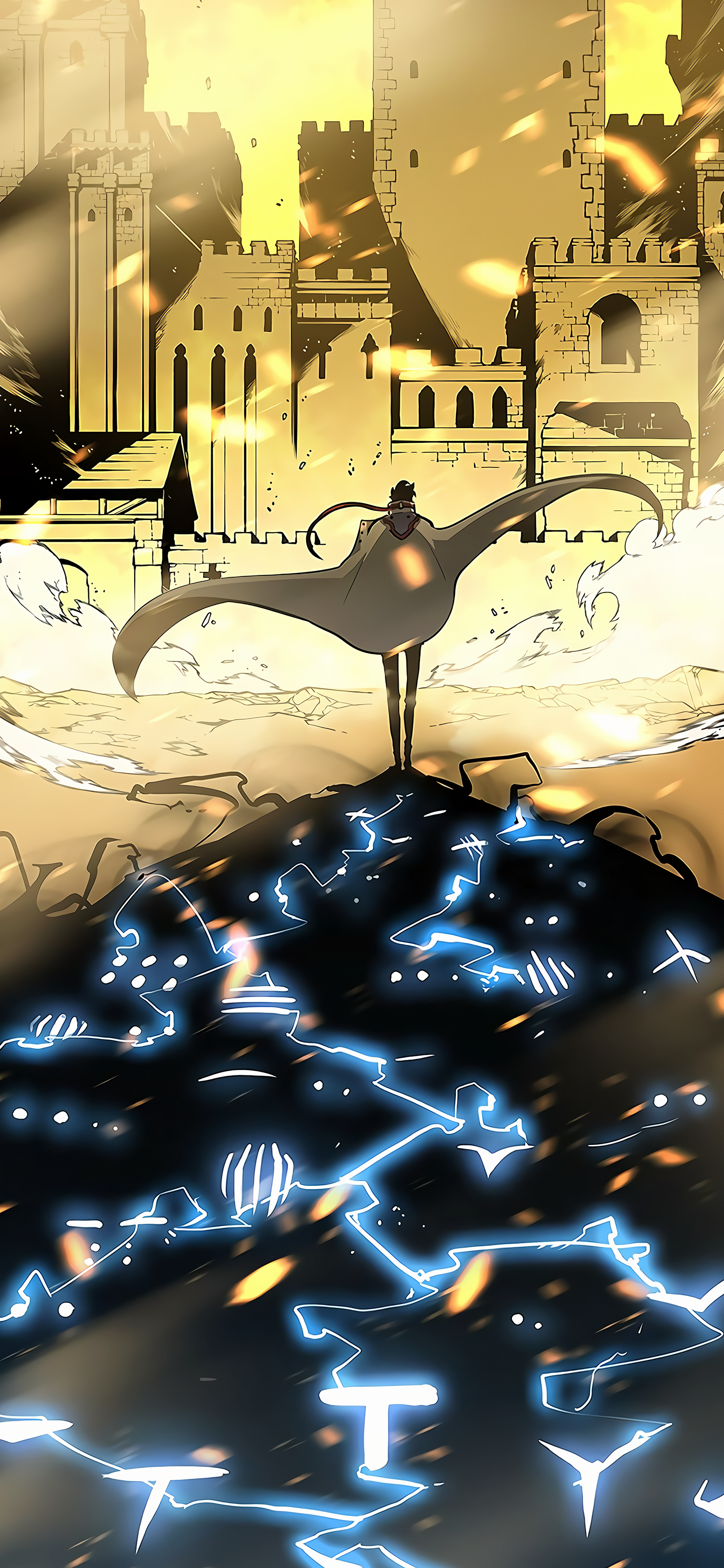 Phone wallpaper featuring Sung Jin-Woo from Solo Leveling standing on a glowing rune-covered ground with a ruined castle and bright sky in the background, designed for iPhones and Android phones.