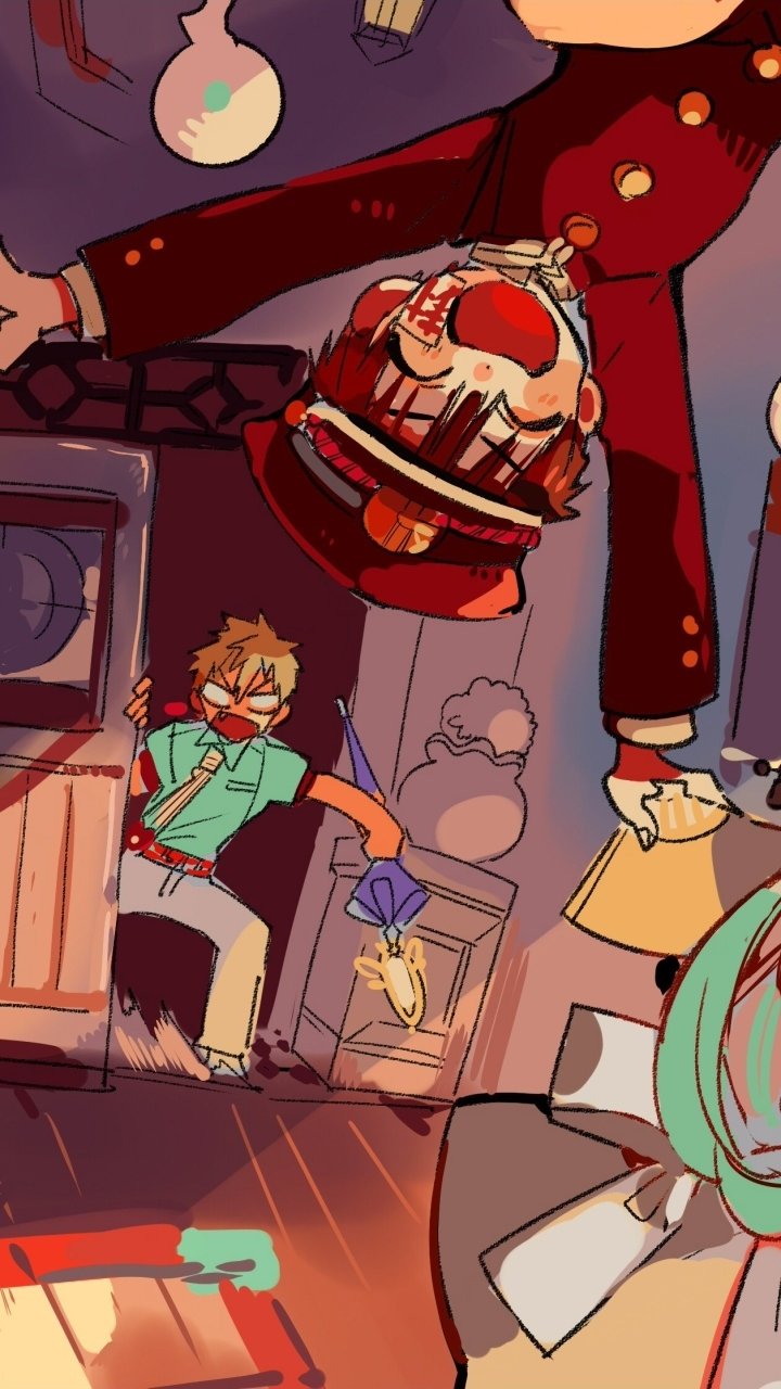 Phone wallpaper of Toilet-bound Hanako-kun anime: Hanako-kun hangs upside down, mask and grin; Kou Minamoto stands below with a wrapped gift.