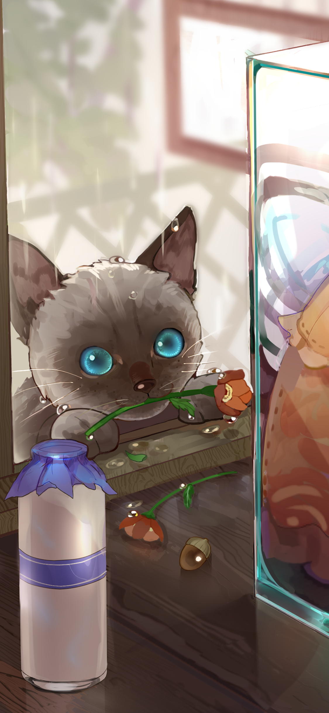 Antique-inspired original anime cat wallpaper: a blue-eyed kitten peeks over a wooden table scattered with acorns, a bellflower and a glass display, softened by warm sunlight.