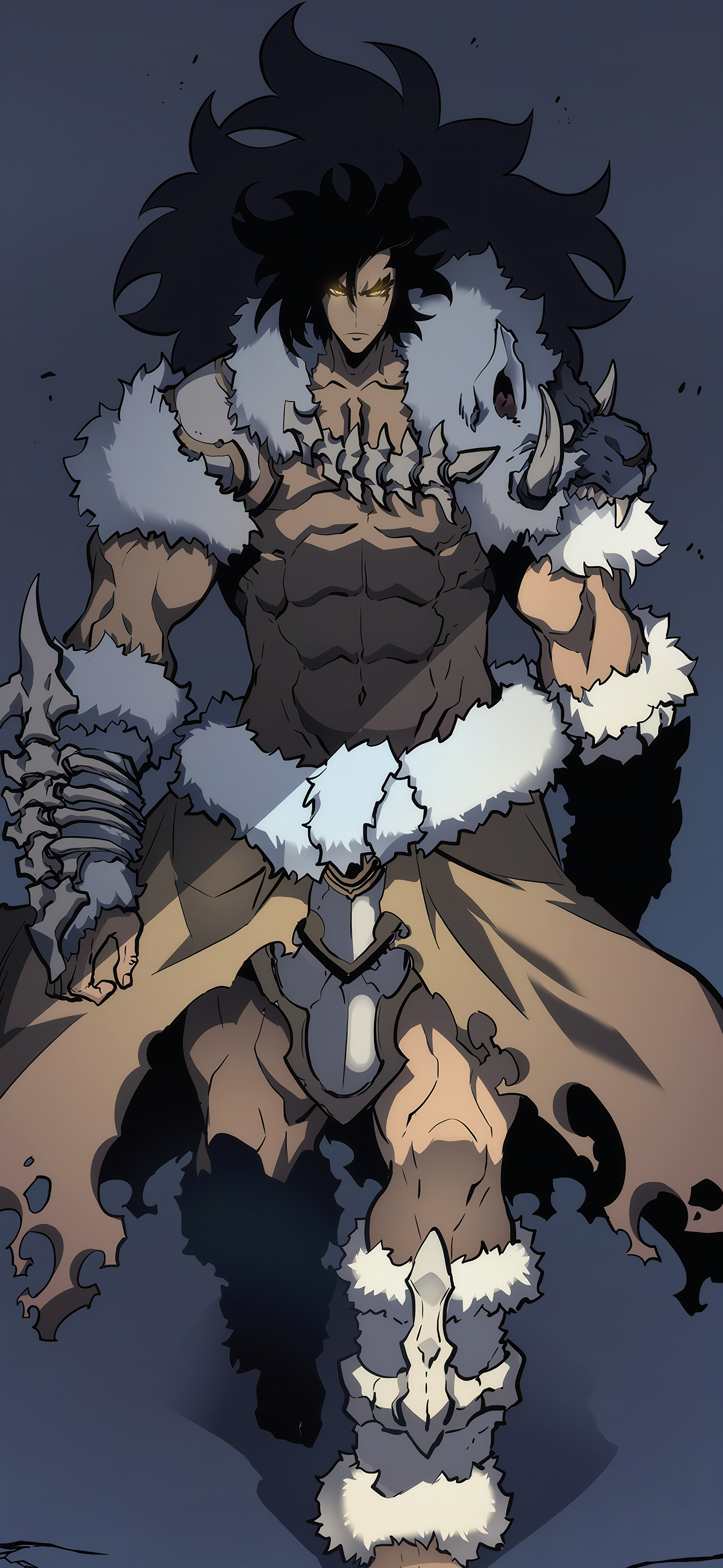 Phone wallpaper of Beast Monarch (Solo Leveling): towering anime warrior with wild black hair, fur and bone armor, glowing eyes, and a stormy blue background.