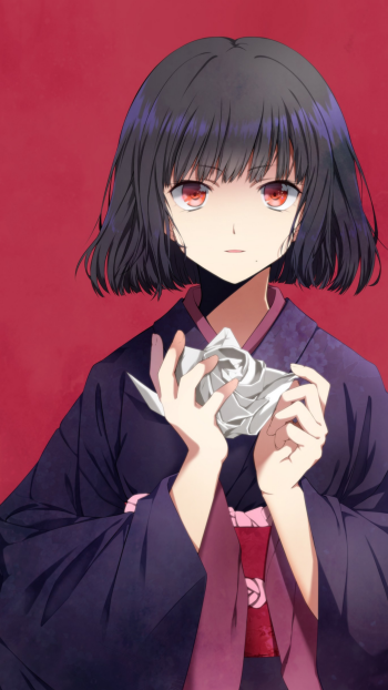 Phone wallpaper of Kalluto Zoldyck from Hunter x Hunter — anime portrait with short black hair, red eyes, wearing a dark kimono while holding a crumpled paper against a deep red background.