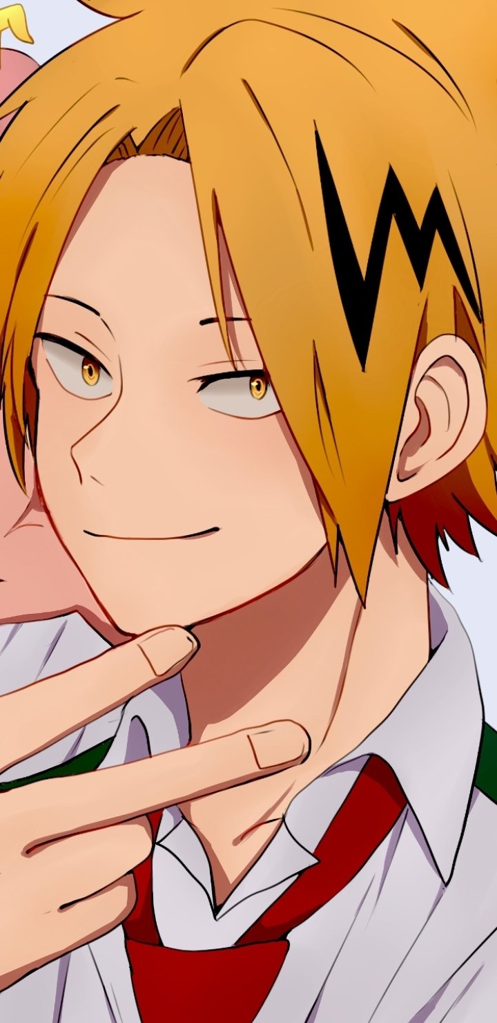 Anime phone wallpaper of Denki Kaminari from My Hero Academia — close-up smirking portrait, blond hair with black lightning-shaped streak, school uniform and red tie.