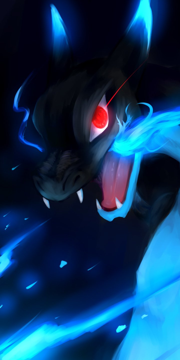 A dynamic anime-style Charizard with glowing blue flames and red eyes designed as a vibrant phone wallpaper for iPhones and Android devices.