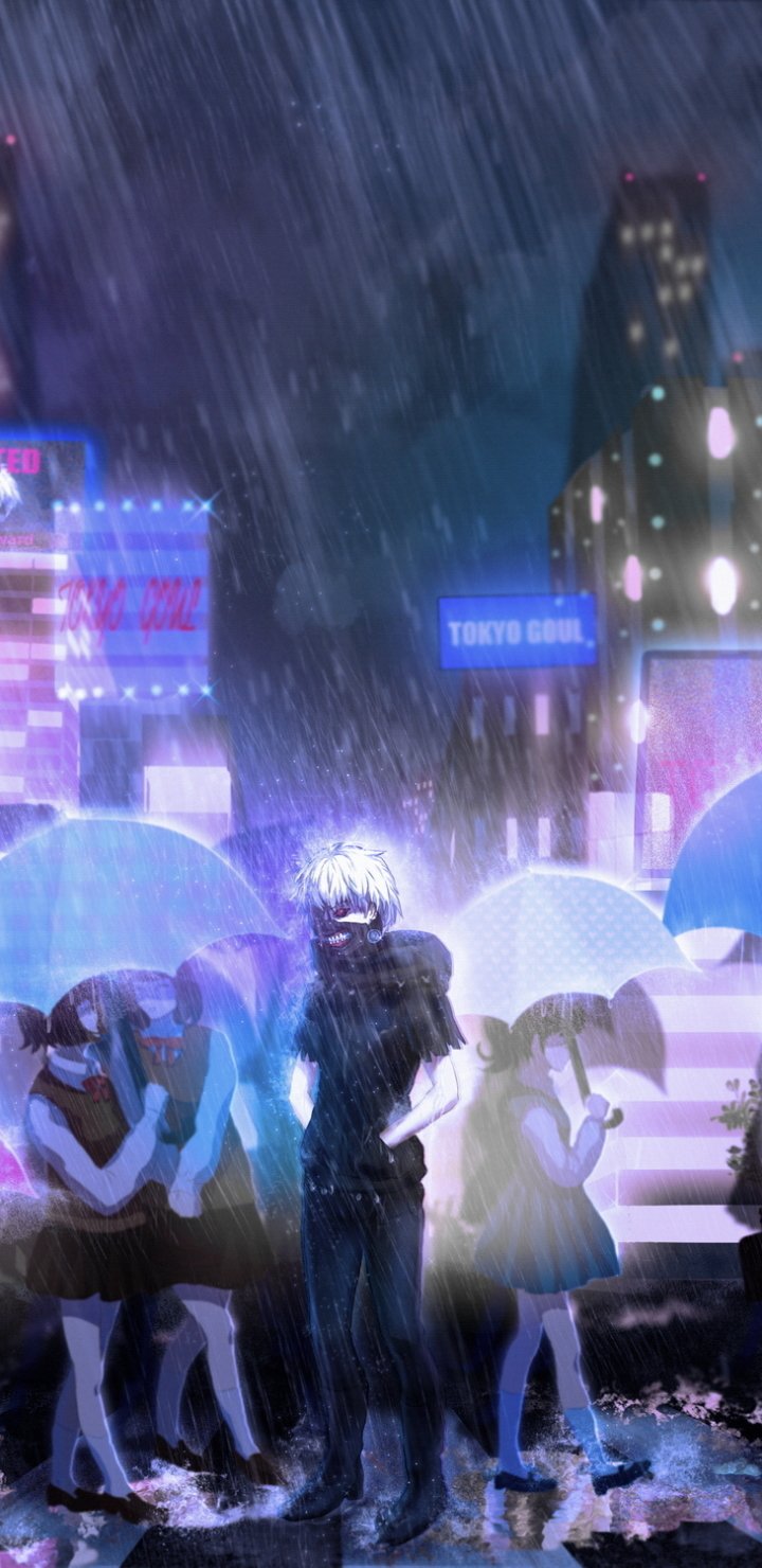 Vertical phone wallpaper of Ken Kaneki from Tokyo Ghoul standing in the rain beneath neon city lights, umbrellas and shadowed figures around him, glowing signs and wet streets framing the scene.