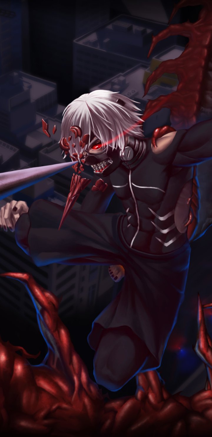 Dark anime phone wallpaper featuring Ken Kaneki from Tokyo Ghoul with white hair, glowing red eyes, and a menacing mask in a shadowy urban setting.