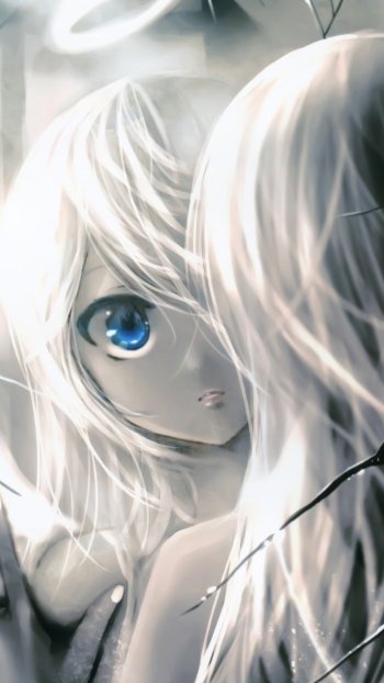 blue eyes grey hair mirror long hair Anime Original Phone Wallpaper