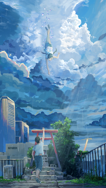  Rainy and cloudy sky with two people reaching for each other