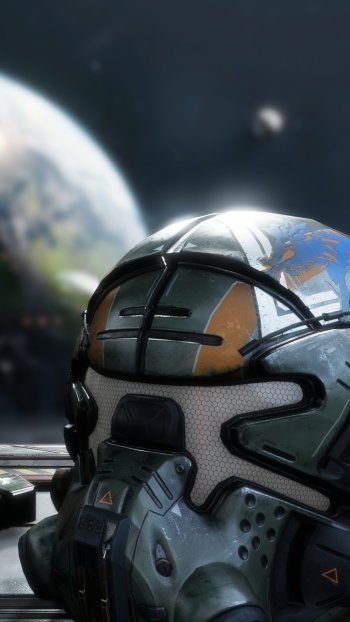 Titanfall 2 video game phone wallpaper — close-up of a pilot's helmet and respirator with a planet and moons in the starfield background.