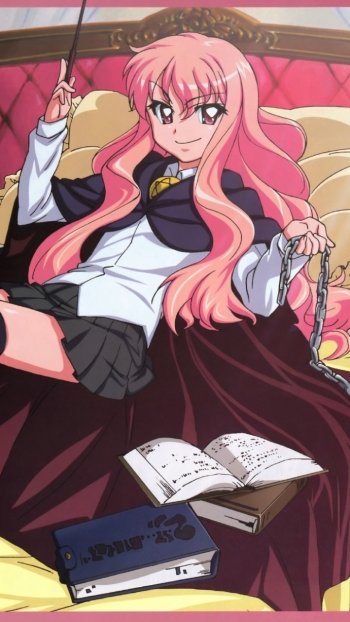 Anime phone wallpaper from The Familiar of Zero featuring pink-haired Louise lounging with a wand, open spellbooks, her school uniform and cape.