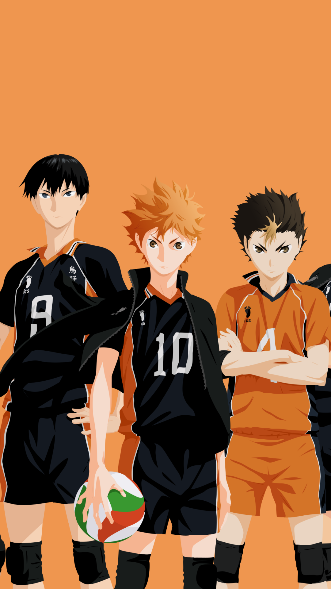 Phone wallpaper of Haikyū!! anime: three Karasuno volleyball players with Hinata (10) center holding a ball, teammates in black and orange uniforms on a solid orange background.