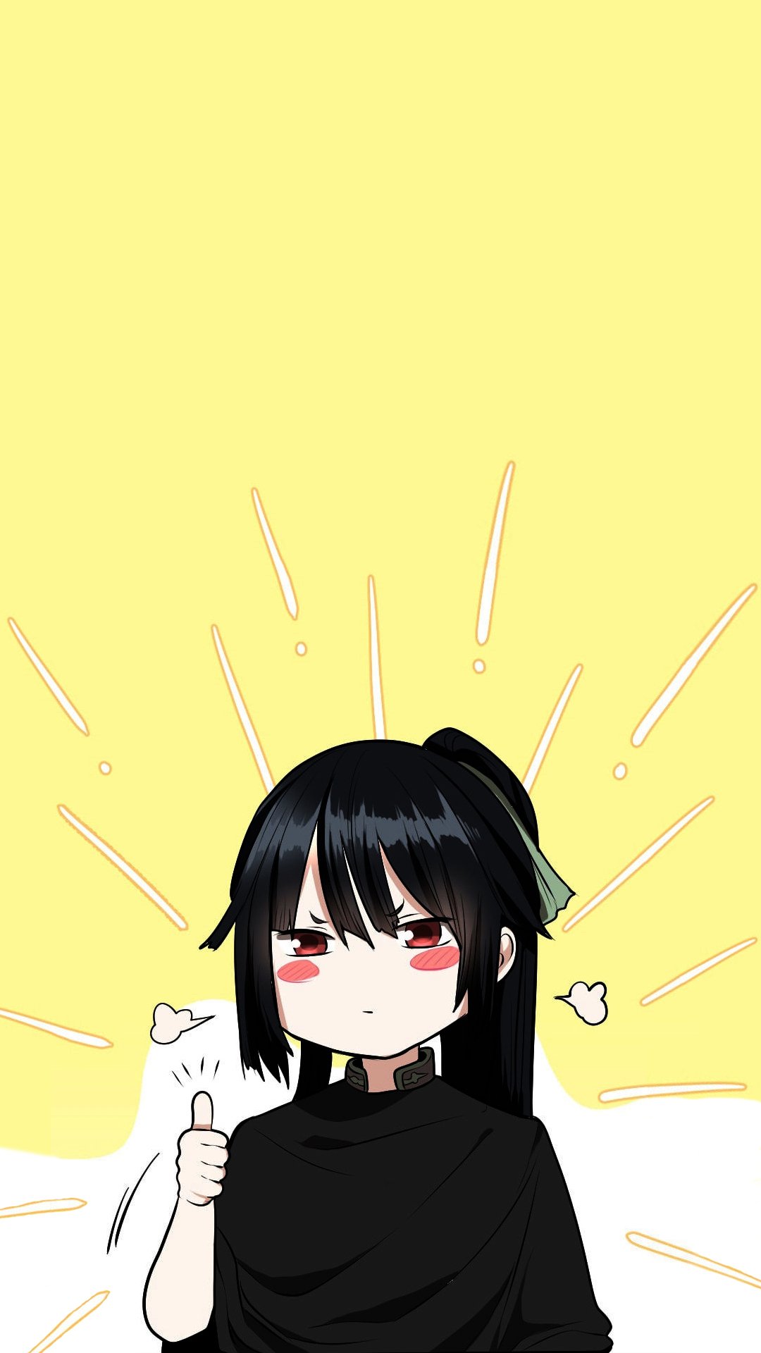 Anime girl with black hair and red eyes giving a thumbs-up on a bright yellow background, designed as a vertical phone wallpaper for iPhone and Android devices.