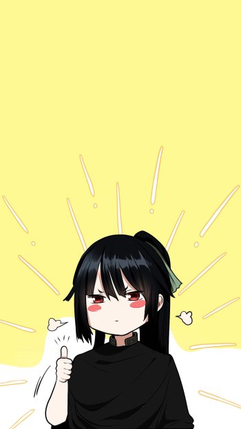 Anime girl with black hair and red eyes giving a thumbs-up on a bright yellow background, designed as a vertical phone wallpaper for iPhone and Android devices.