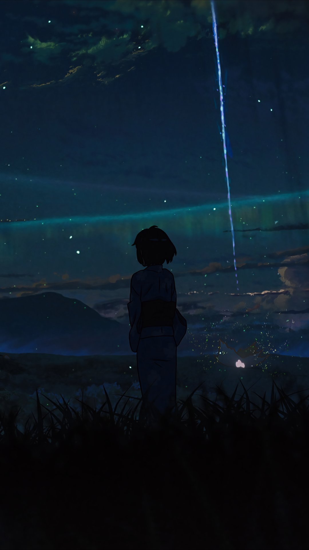 Anime-style Your Name. silhouette of a girl gazing at a comet streaking across a starry night sky — vertical phone wallpaper compatible with iPhone and Android.