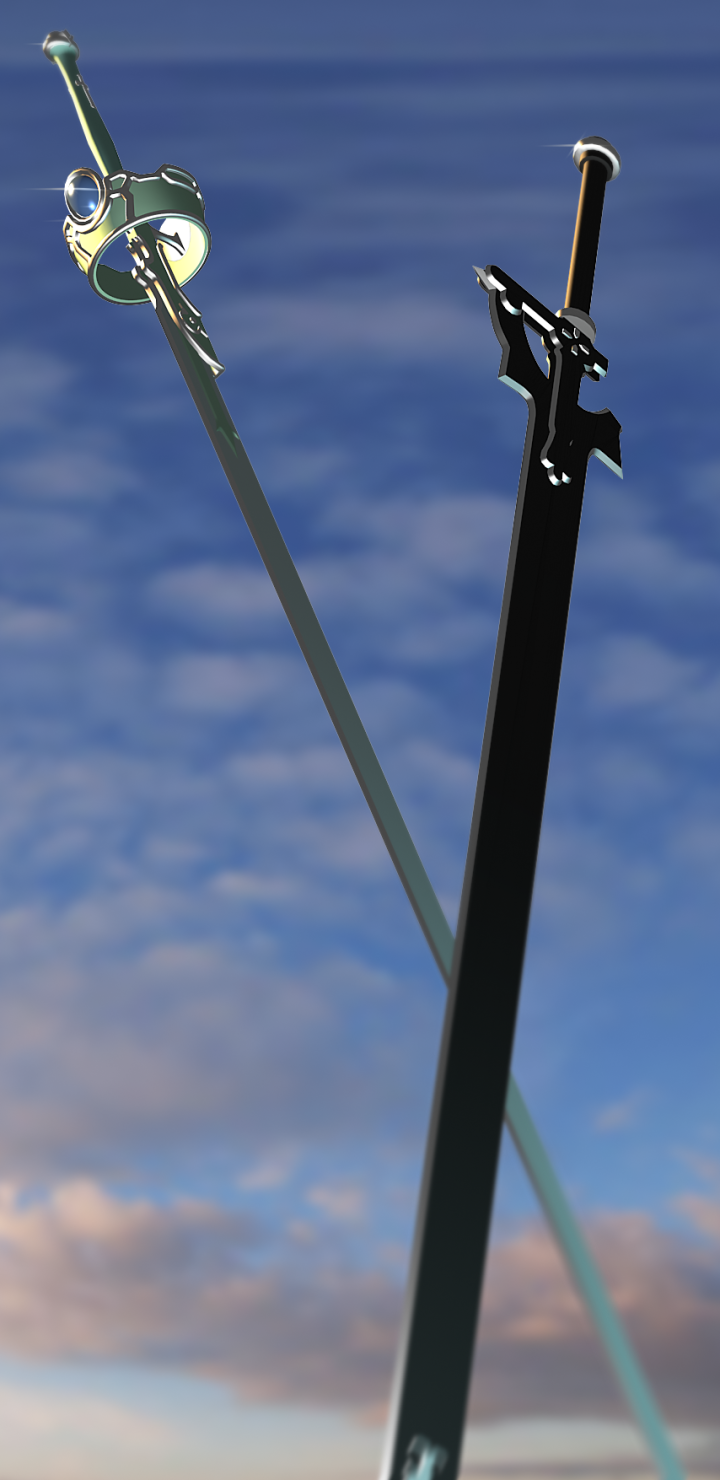 Anime phone wallpaper of two crossed swords—a slim rapier and a dark broadsword—set against a cloudy sky, Sword Art Online.