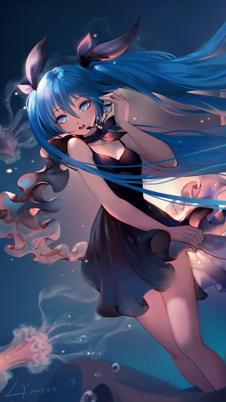 Phone wallpaper of Hatsune Miku (Vocaloid) in anime style: long teal twin‑tails, black dress, holding a glowing ribbon while floating against a starry, watery blue background.