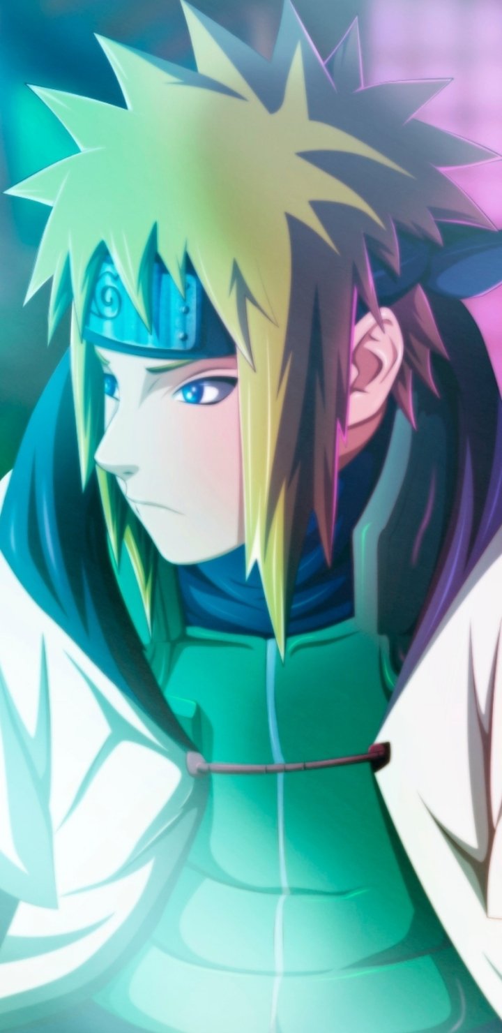 Phone wallpaper of Minato Namikaze, the Fourth Hokage from Naruto, anime-style side profile with teal and pink glow.