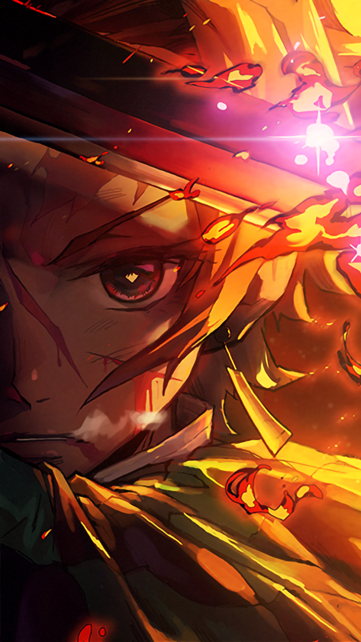 Vibrant phone wallpaper of Tanjiro Kamado from Demon Slayer: Kimetsu no Yaiba, showcasing intense fiery details and dynamic anime-style artwork for iPhone and Android screens.
