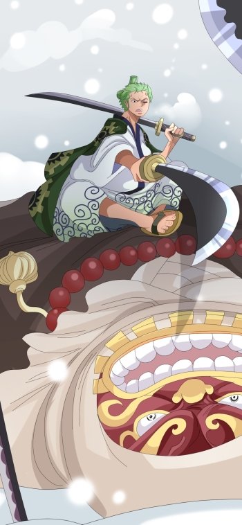 Phone wallpaper featuring Roronoa Zoro from One Piece perched on Gyukimaru, set against a snowy sky, designed for iPhone and Android displays.