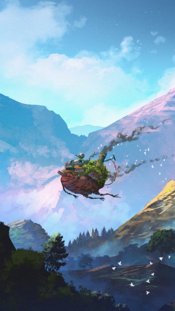 Anime-style phone wallpaper featuring Howl's Moving Castle floating over a picturesque mountain landscape with a bright blue sky, compatible with iPhones and Android devices.