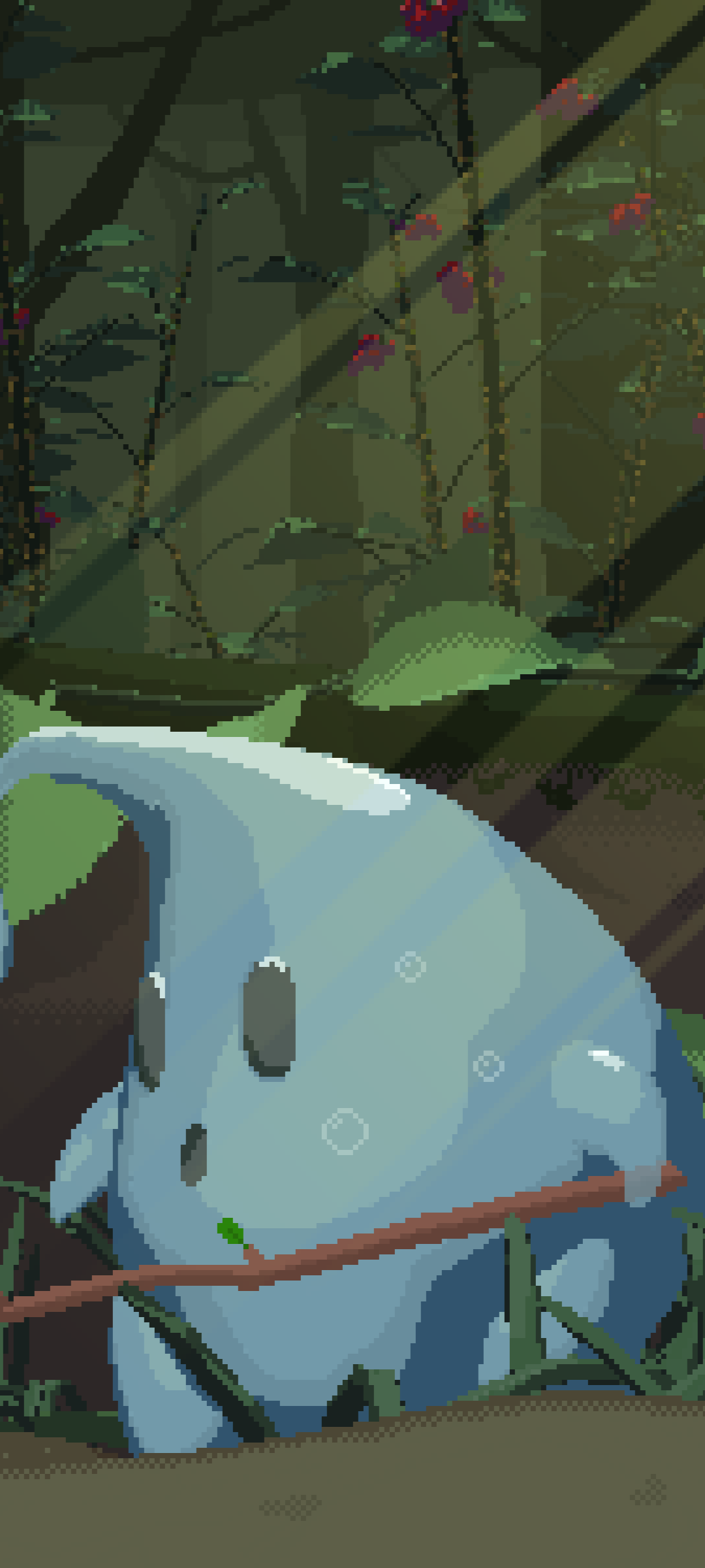 Artistic pixel art phone wallpaper featuring a small, blue creature clutching a twig in a dark forest with scattered glowing plants, designed for iPhone and Android screens.