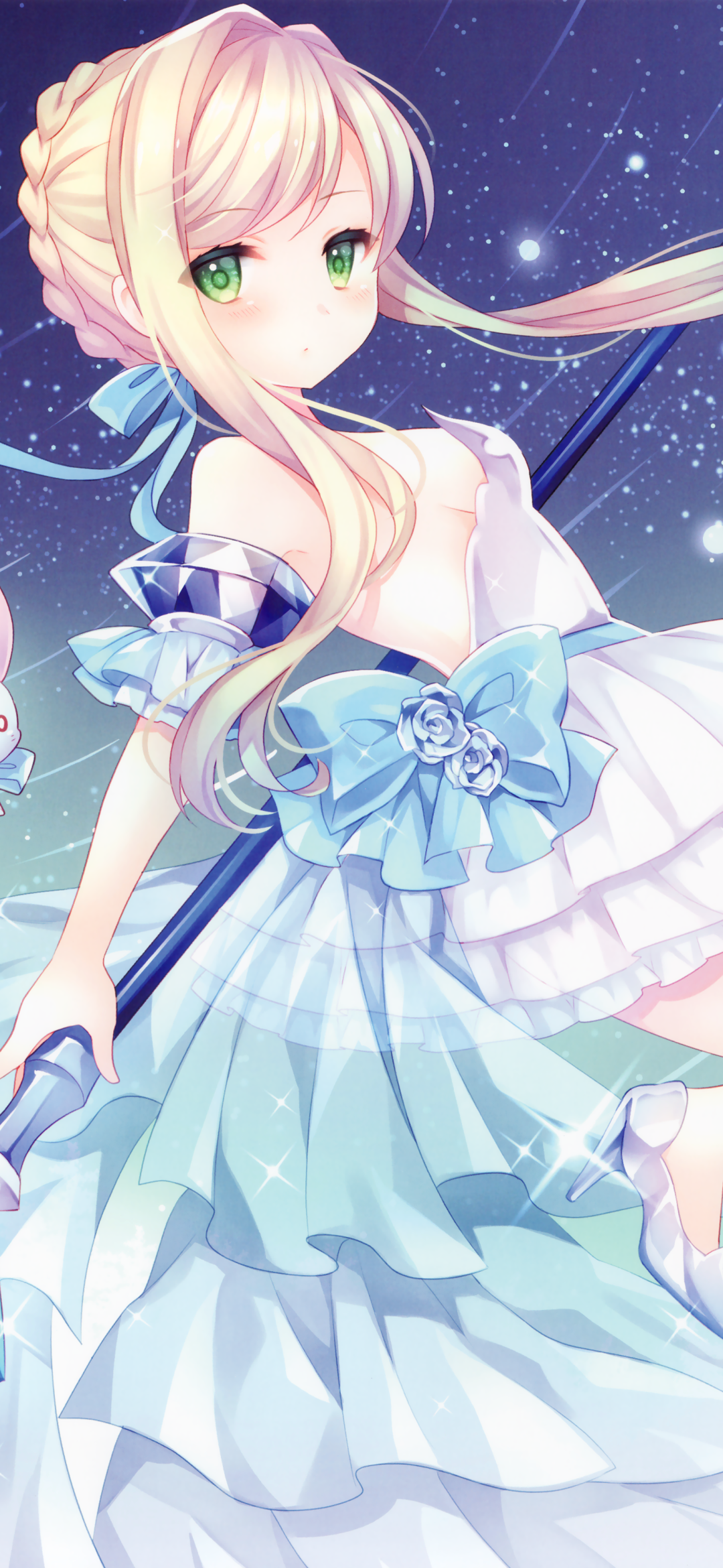 Anime-style Cinderella with long blonde hair, green eyes, and a blue bow dress stands against a starry night sky, designed as a phone wallpaper for iPhones and Android devices.