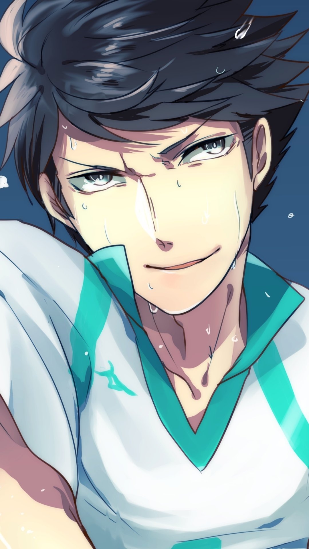 Haikyū!! anime phone wallpaper: close-up of a determined male volleyball player in a teal-trim jersey, dark tousled hair, intense gaze and beads of sweat.