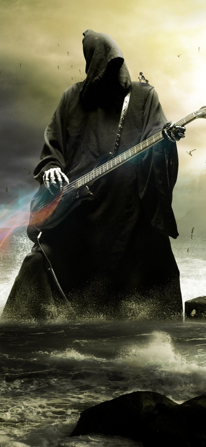 Dark phone wallpaper of a hooded grim reaper wielding an electric guitar, standing above stormy waves under a brooding sky.