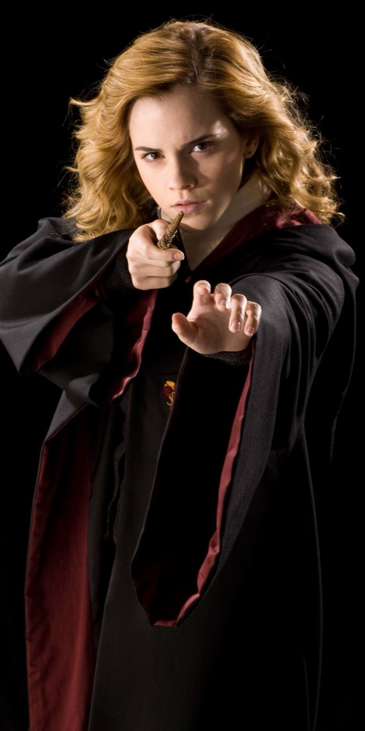 Phone wallpaper featuring Emma Watson as Hermione Granger from the Harry Potter movies, shown casting a spell in her Hogwarts robe against a black background.