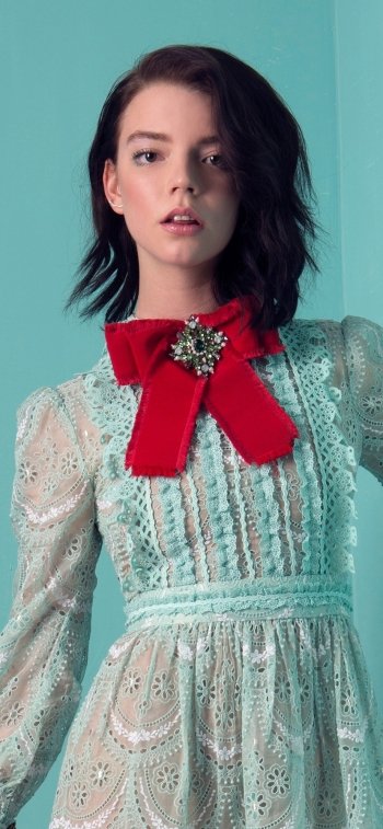 dress bow (Clothing) brown eyes brunette model American actress Celebrity Anya Taylor-Joy Phone Wallpaper