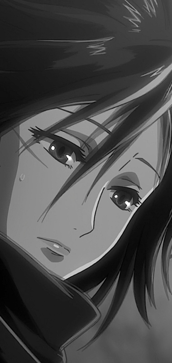 Black-and-white anime phone wallpaper of Mikasa Ackerman from Attack on Titan — close-up of her solemn face with a single tear, dramatic shading and soft highlights.